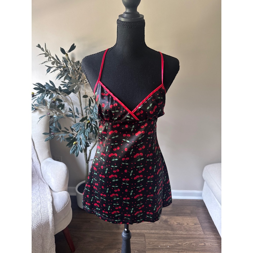 Seven til Midnight Cherry Print Satin Chemise Open Back Nightgown Black Red